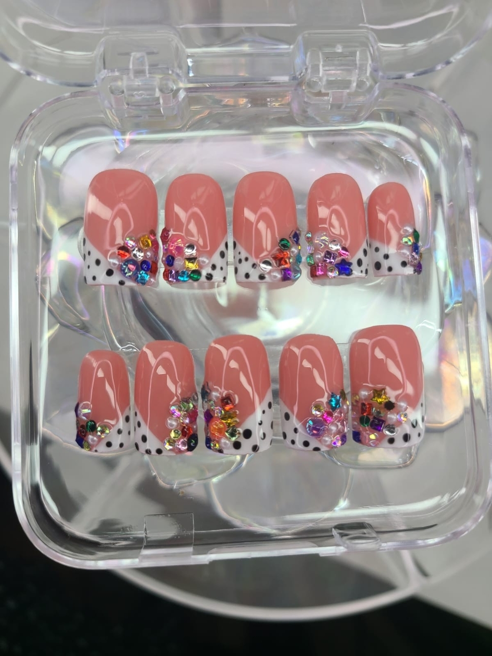 Press-On Nail Set — Pink Polka Dot French with Multicolor Gems